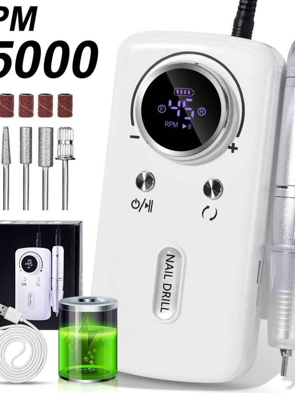 45,000 RPM Nail Drill, Rechargeable Electric Nail File Machine with Long